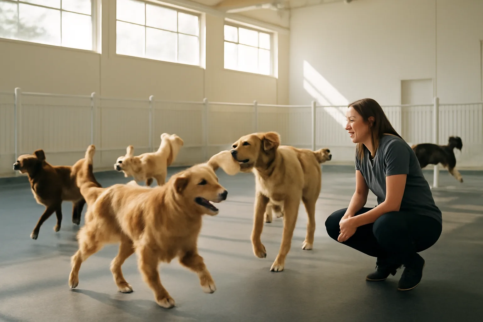 Dogs playing indoors at a daycare facility similar to Dogtopia North Austin