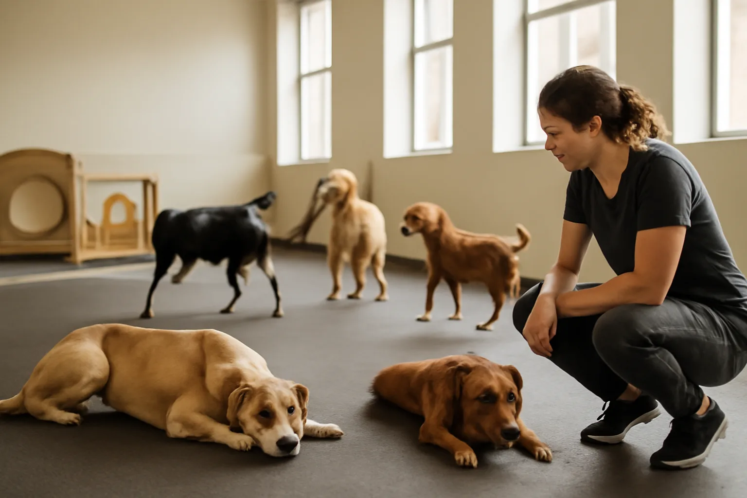 Dogs playing and resting inside a bright indoor daycare boarding facility