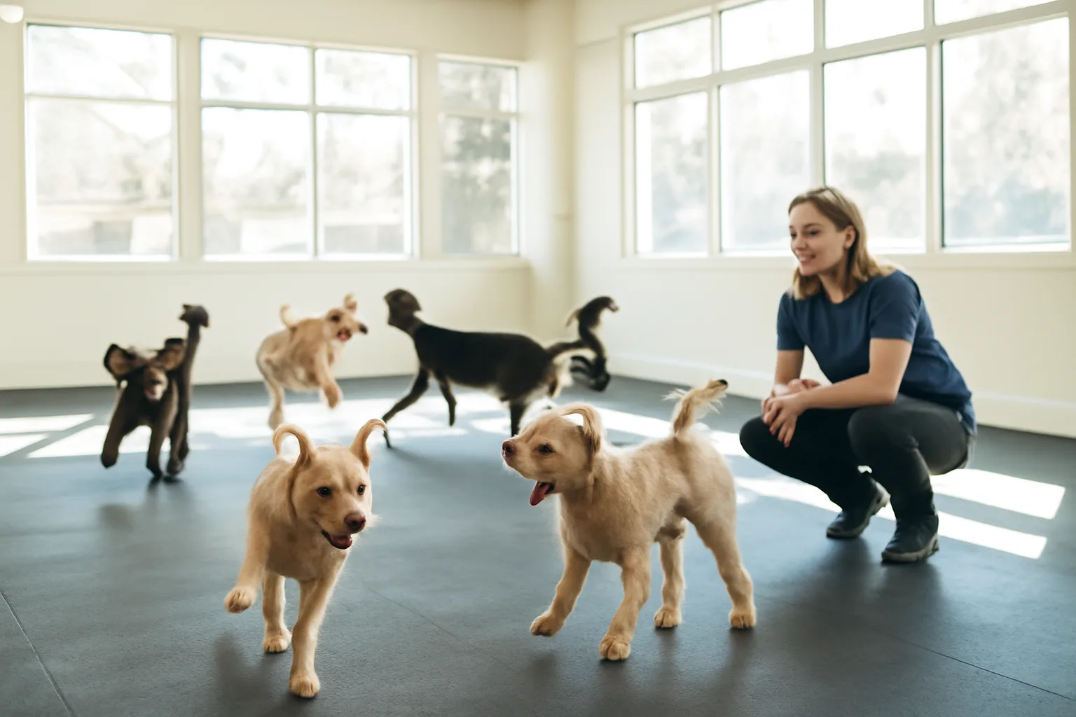 Dogs playing together inside a bright daycare playroom with rubberized flooring