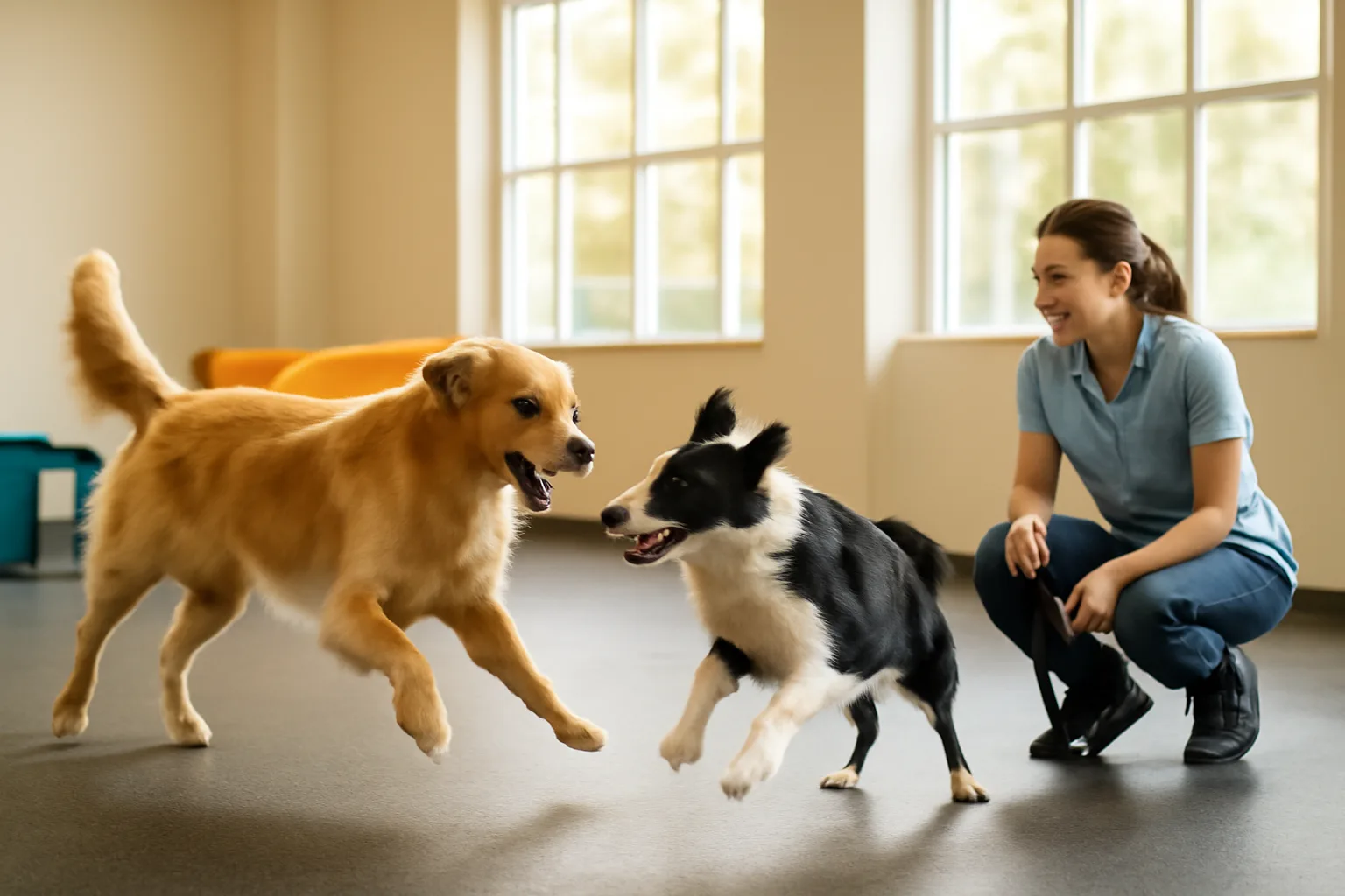 Two dogs playing in a sunlit daycare facility play yard with rubber flooring
