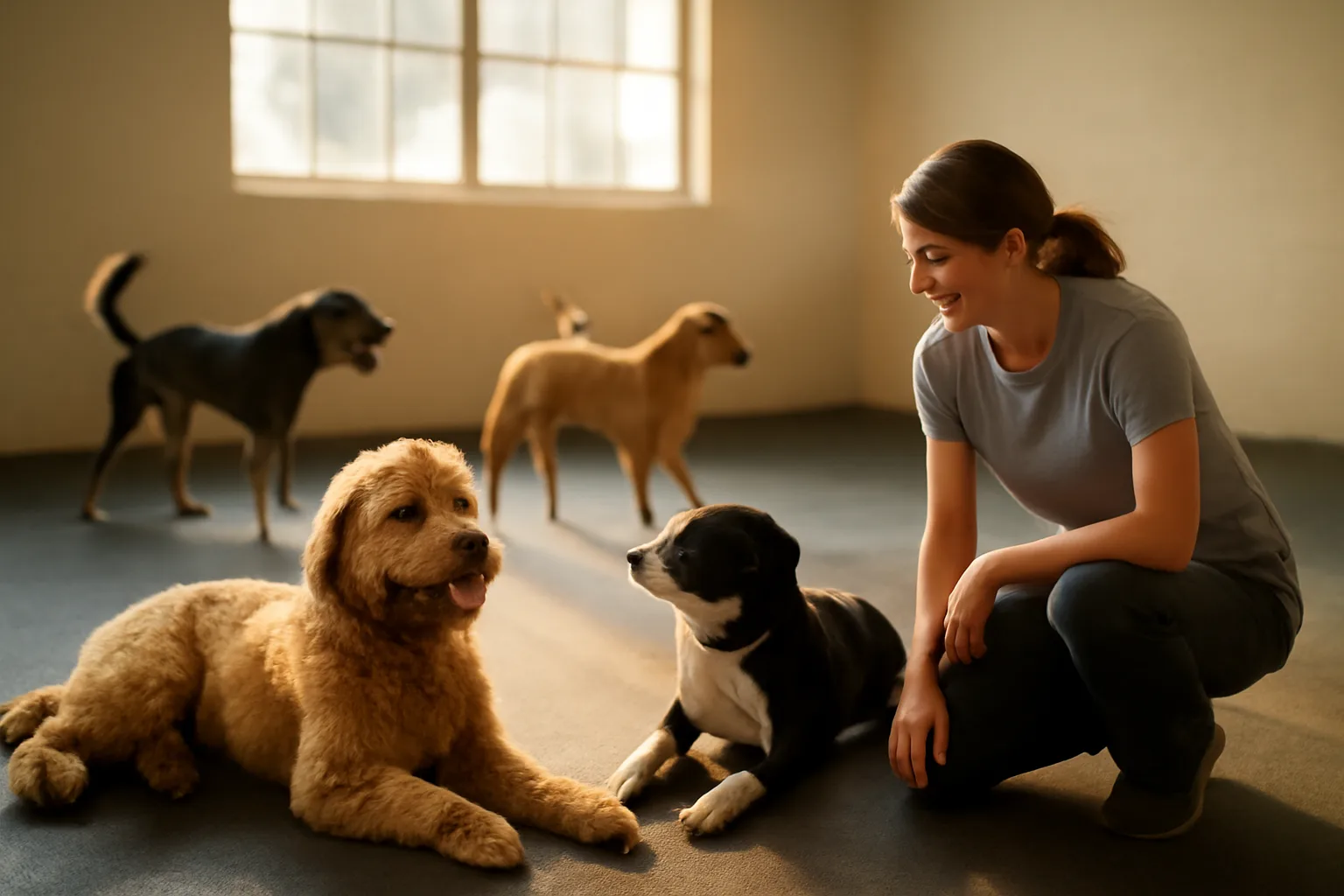 Dogs playing in an open daycare room at a facility similar to Dogtopia Plymouth