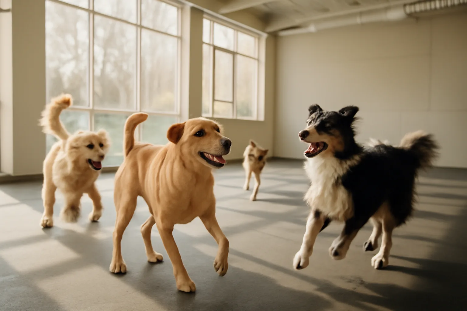 Dogs playing in an open indoor daycare play area at a boarding facility