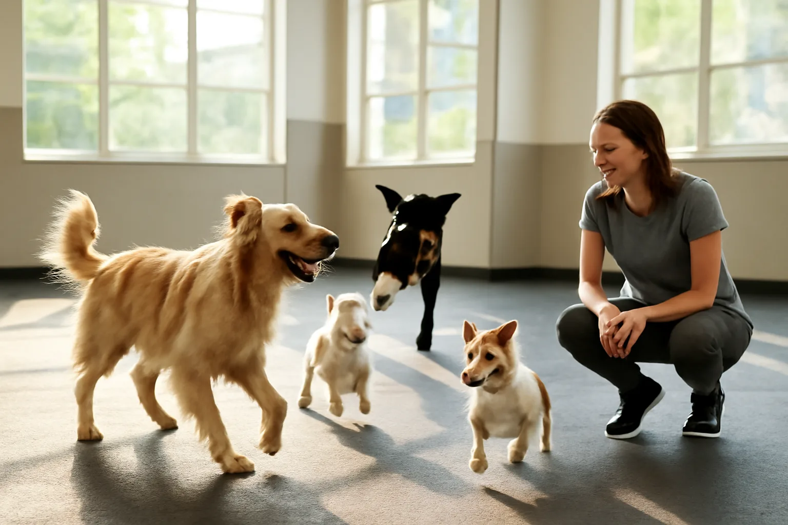Dogs playing in a bright daycare playroom similar to Dogtopia Solon facility