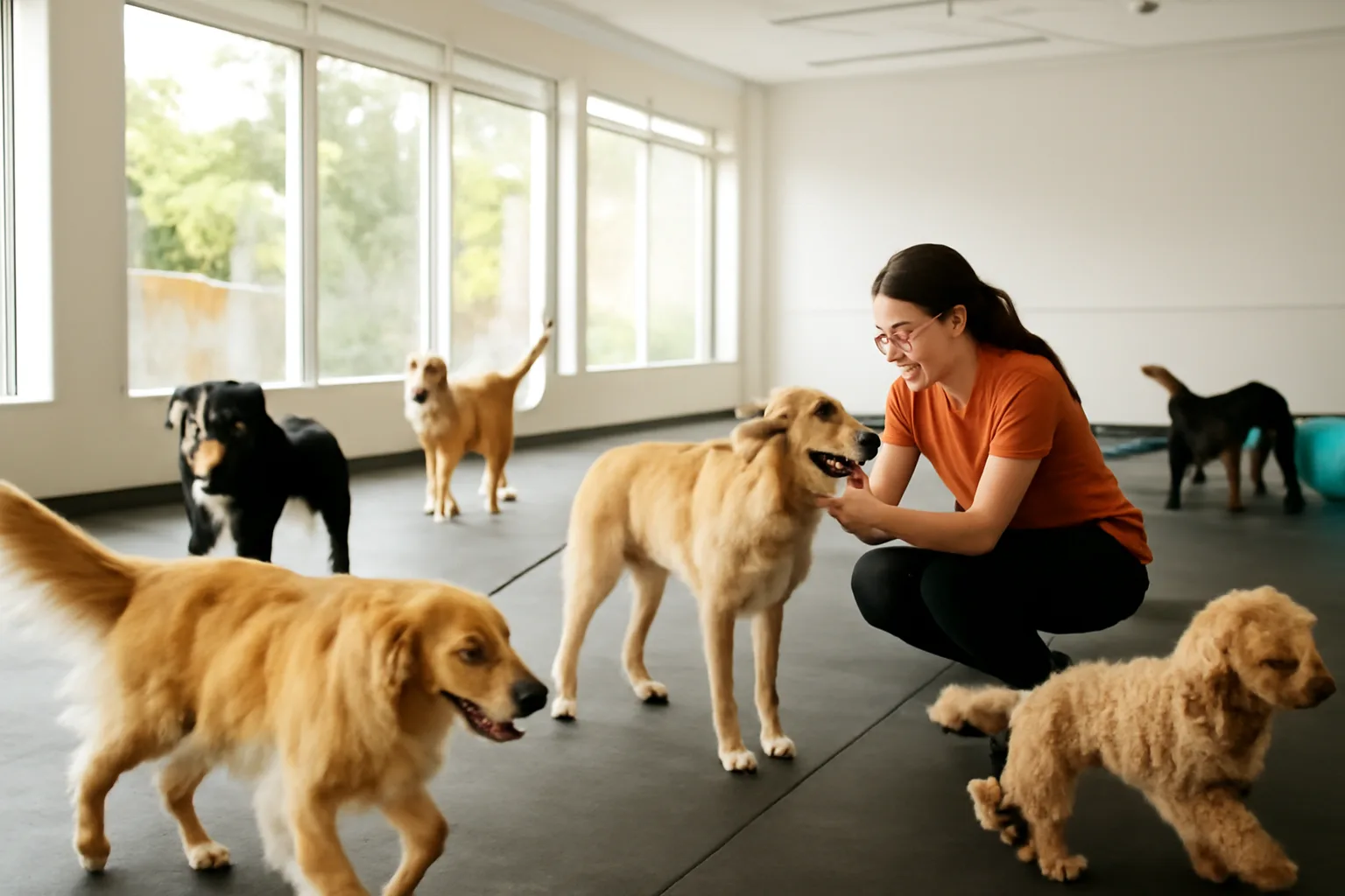 Dogs playing inside a bright commercial daycare facility play room
