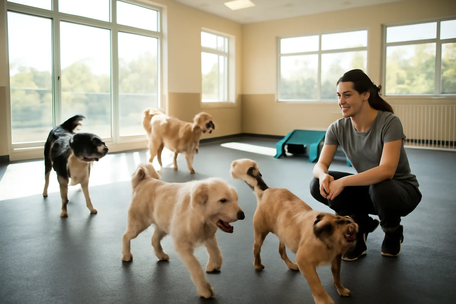Dogs playing inside a bright commercial daycare and boarding facility playroom