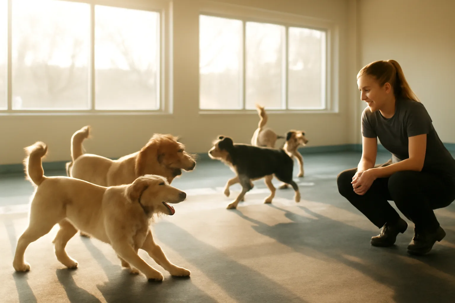 Dogs playing in an open indoor daycare play area with natural morning light