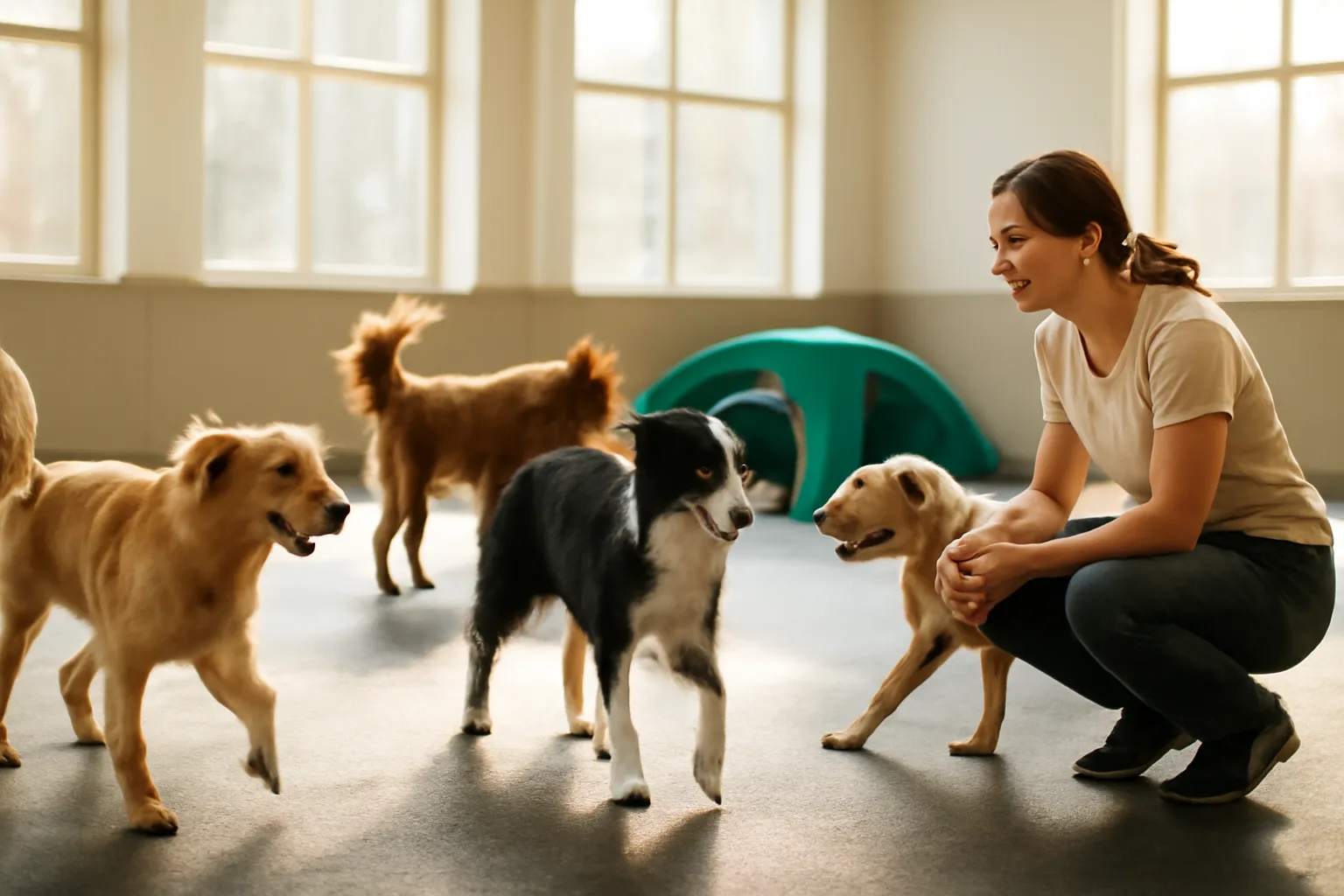 Dogs playing supervised in an indoor daycare and boarding facility play yard