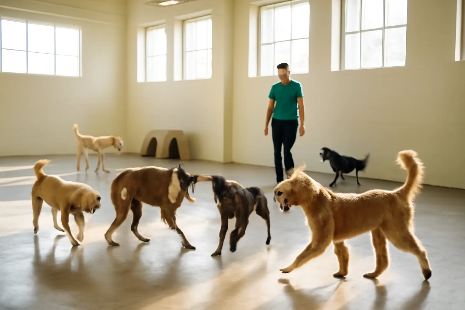 Dogs playing in a bright indoor daycare facility similar to Dogtopia Worcester