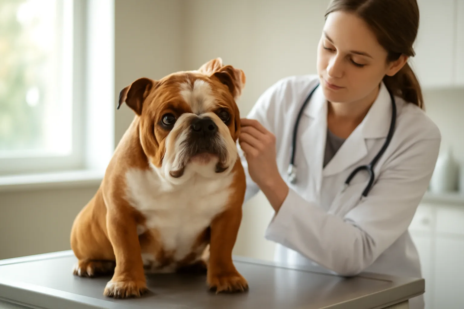 English Bulldog getting a checkup at a vet clinic before registration paperwork