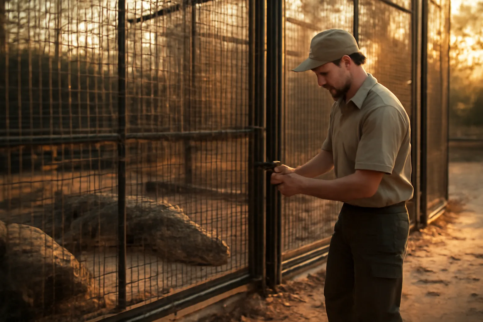 keeper checking a reinforced enclosure latch on a licensed exotic pet habitat