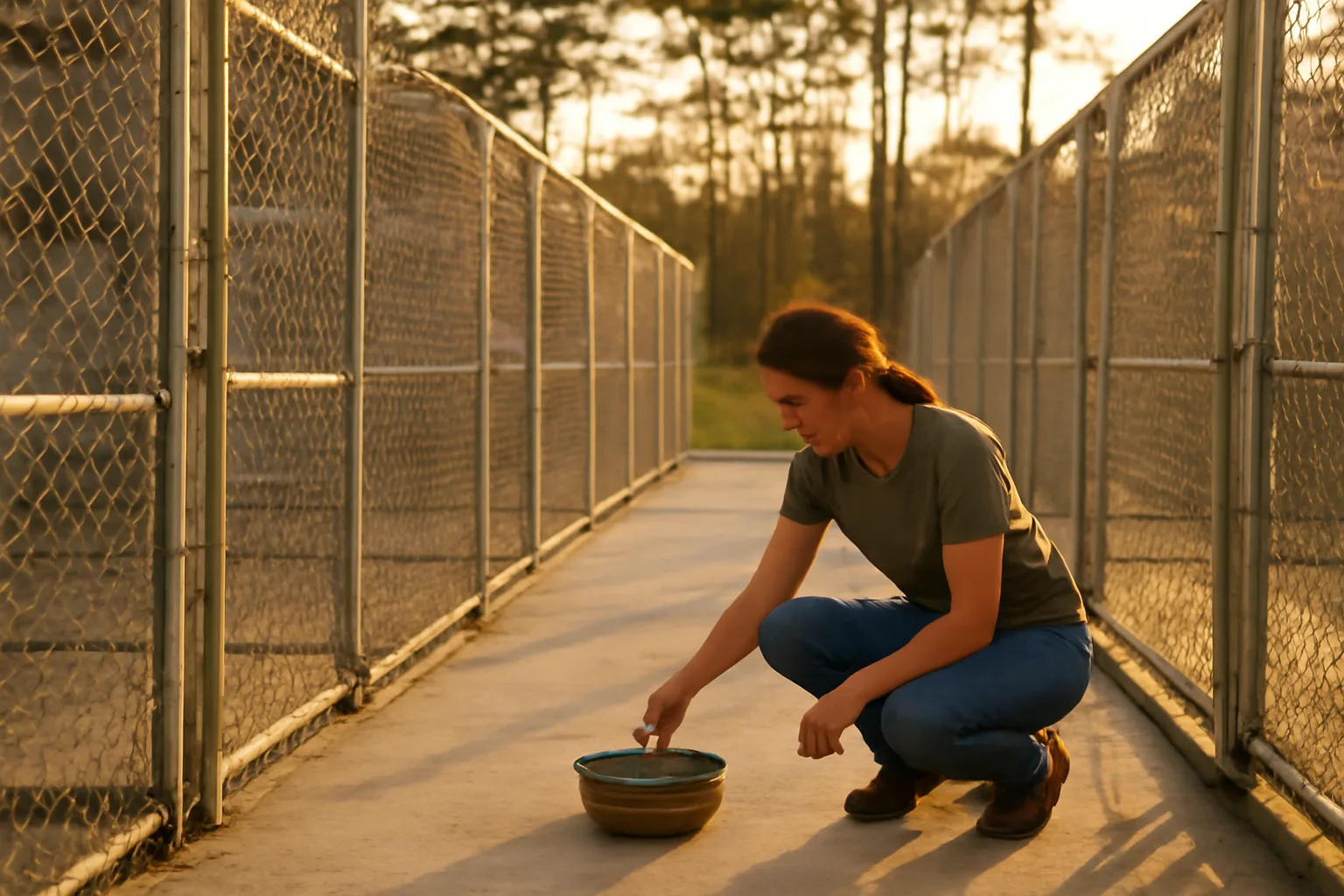Breeder checking dog runs at a rural Florida kennel facility in late afternoon light