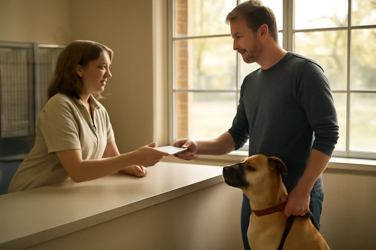 Dog owner handing vaccination certificate to clerk while registering a dog at county office