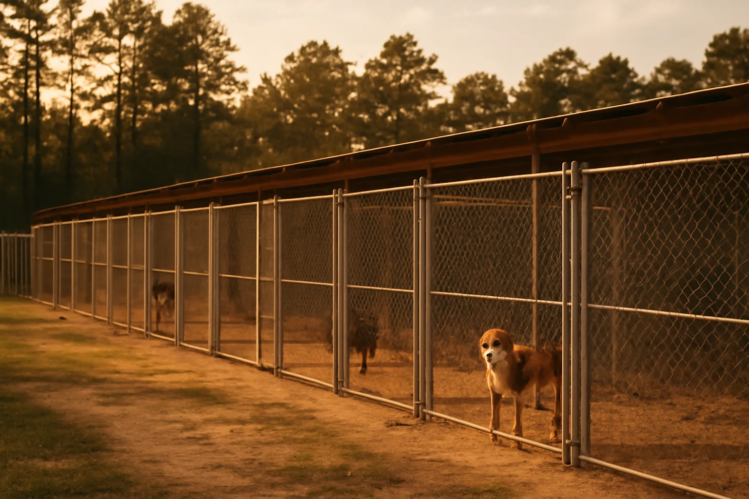 Outdoor dog runs at a Georgia boarding kennel facility during late afternoon light