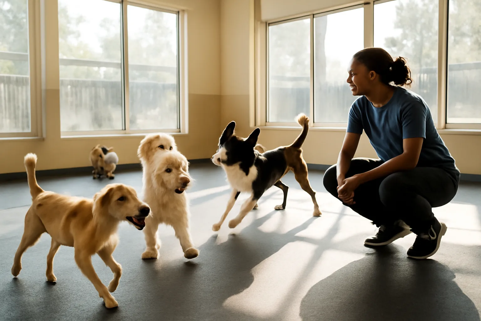 Staff member supervising dogs playing at a good doggie daycare facility