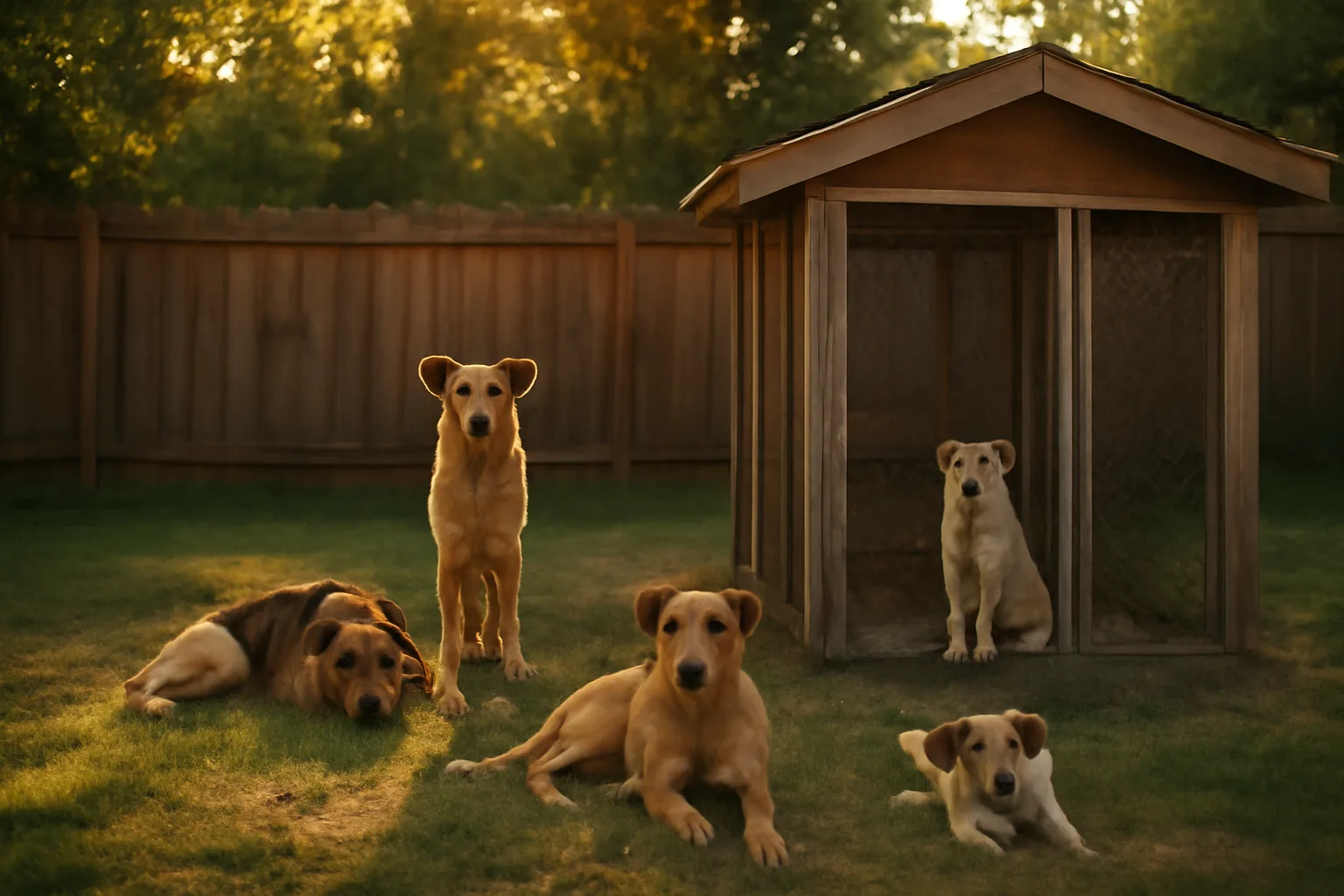 Backyard dog run with several dogs, illustrating a hobby kennel license setup