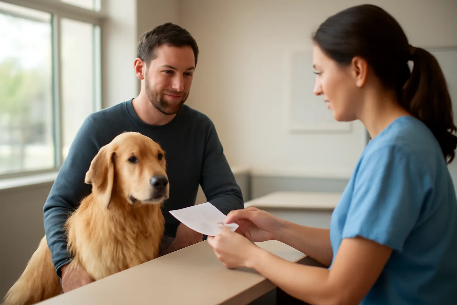 Vet clinic front desk moment while an owner prepares to register their dog