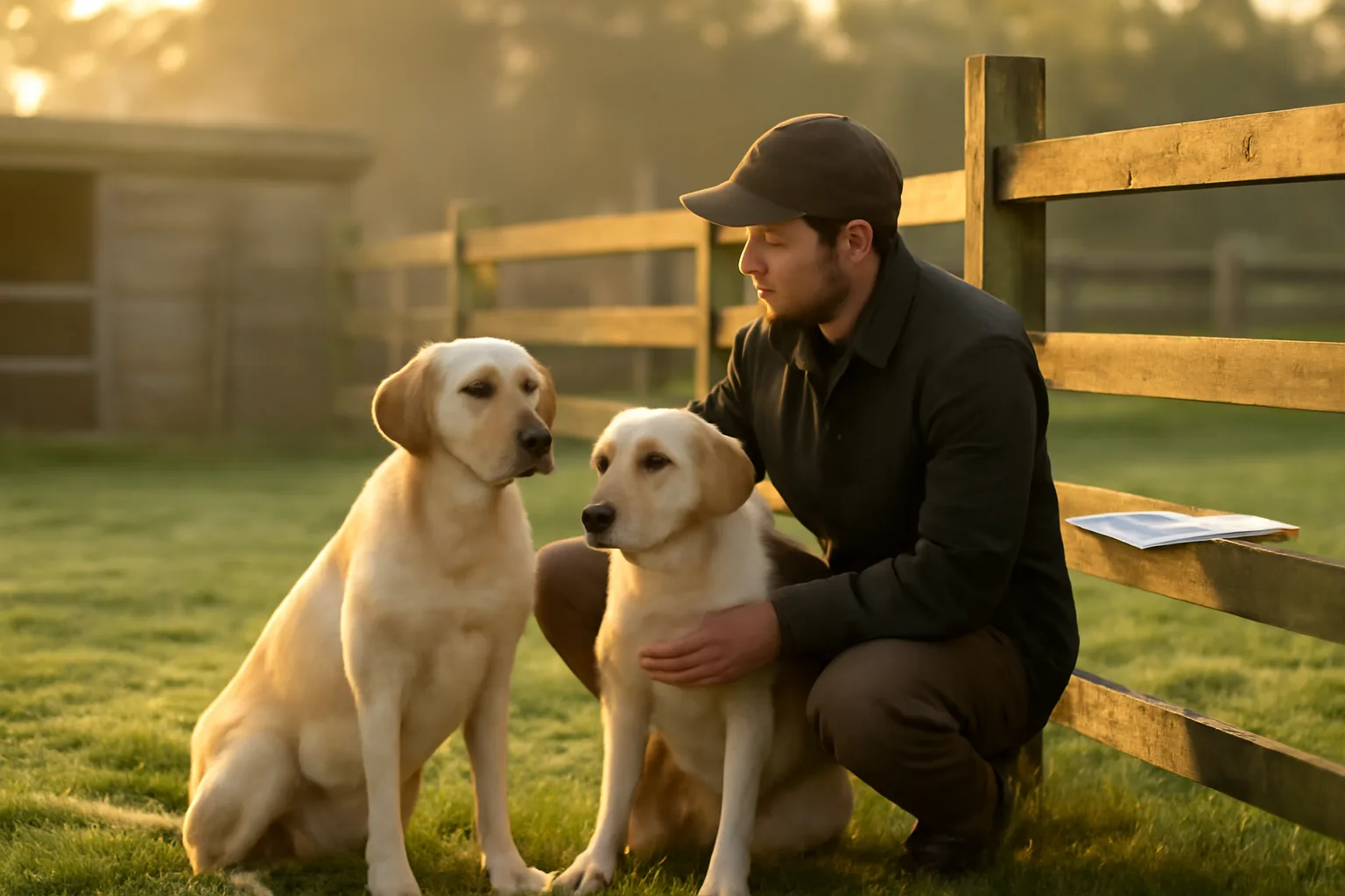Breeder crouches with two dogs in a fenced rural kennel yard at sunrise