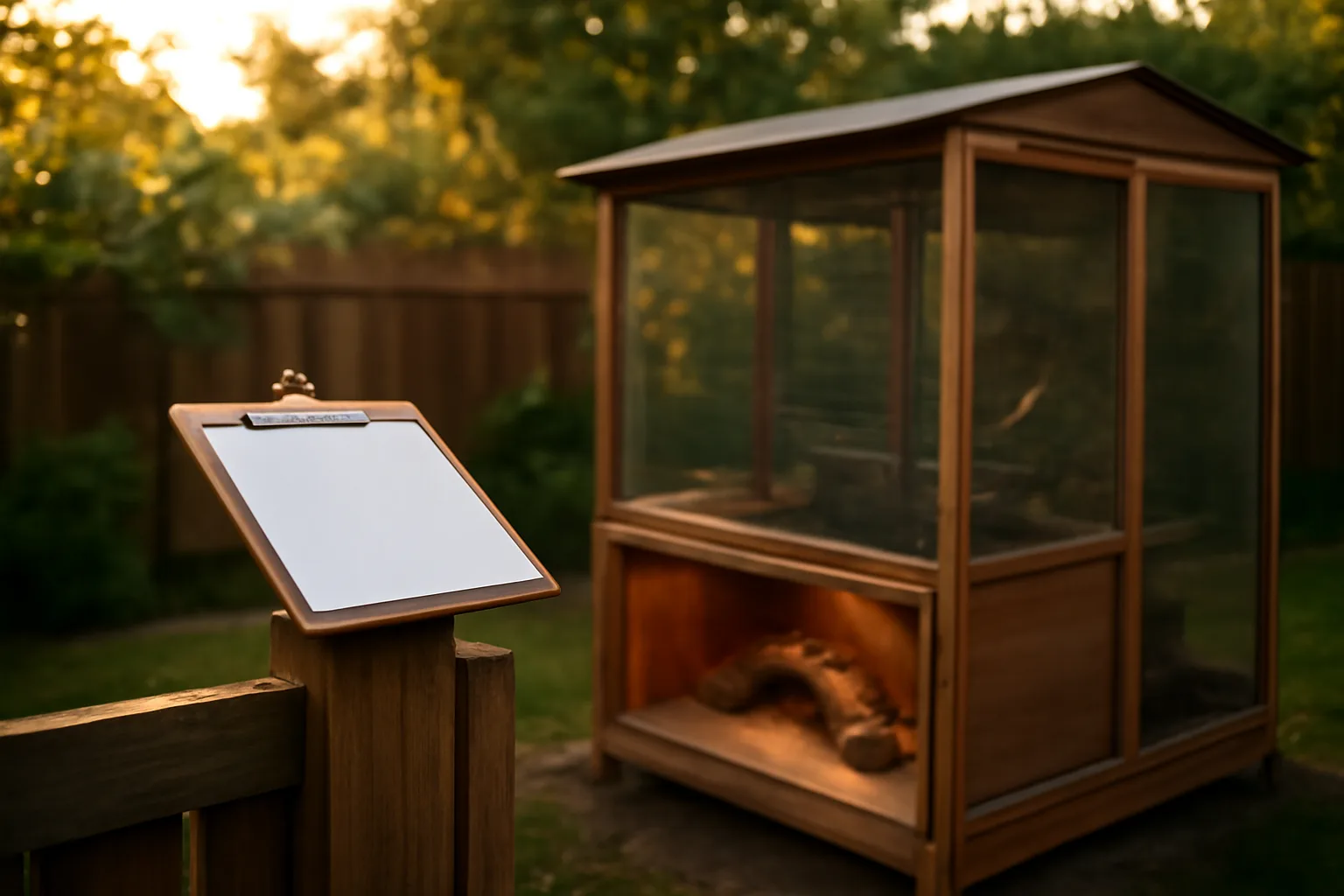 Backyard exotic animal enclosures with mesh aviary and wooden habitat at golden hour