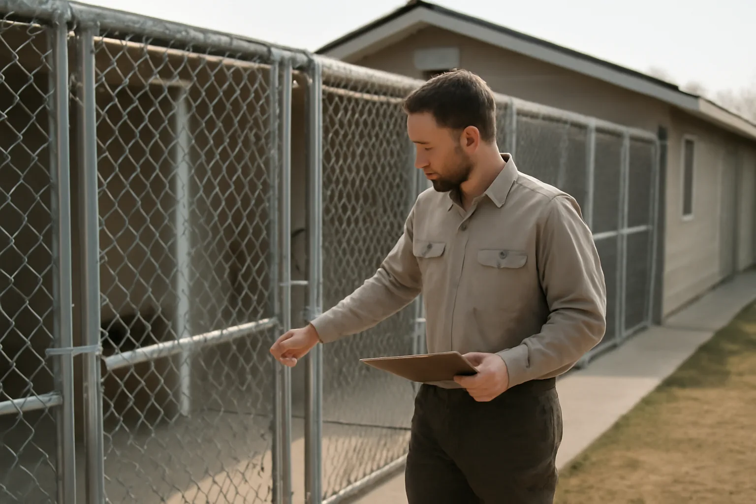 Kennel operator inspecting outdoor dog runs at a licensed boarding facility