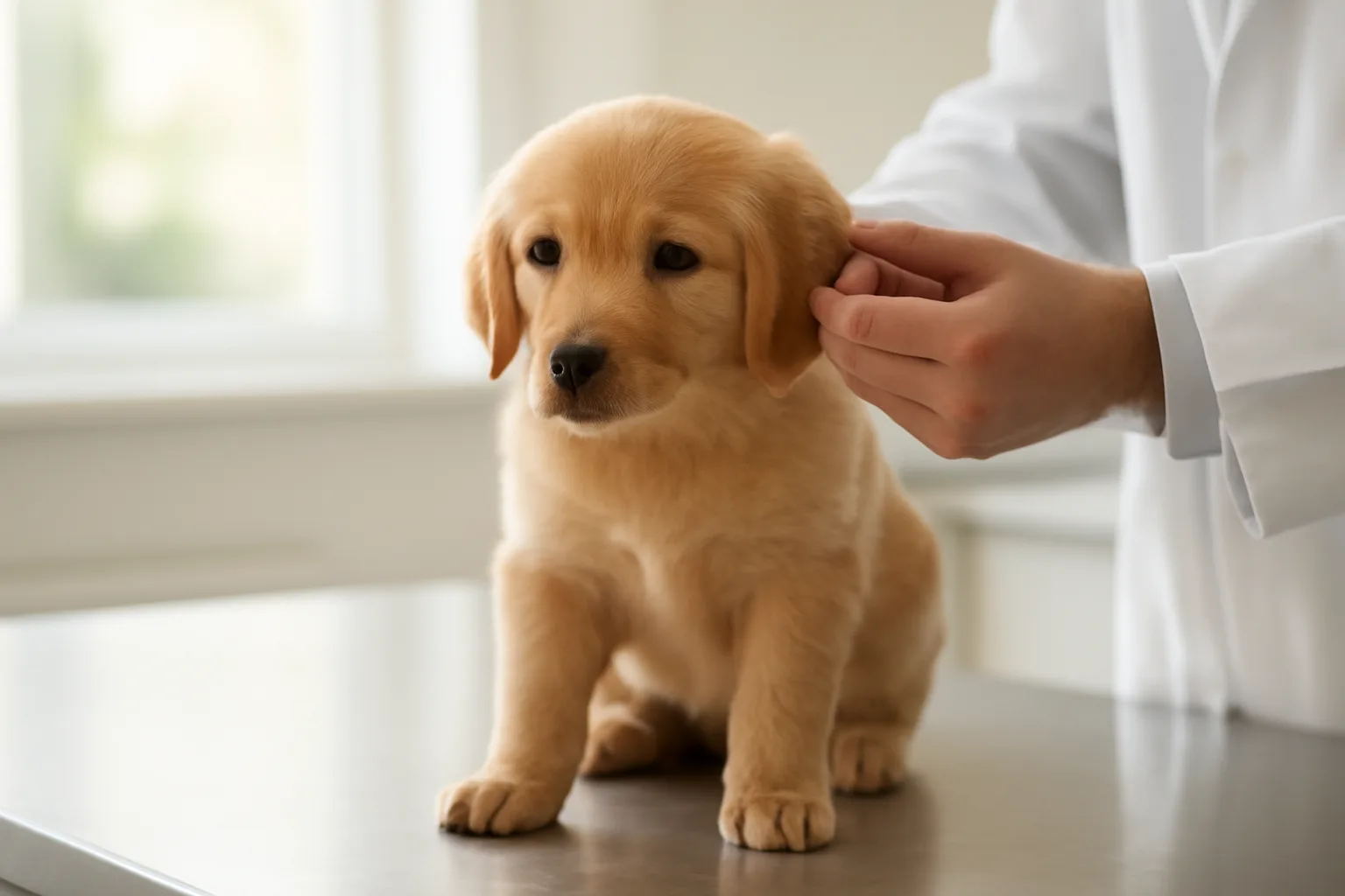 Veterinarian examining a puppy before dog registration and rabies vaccination