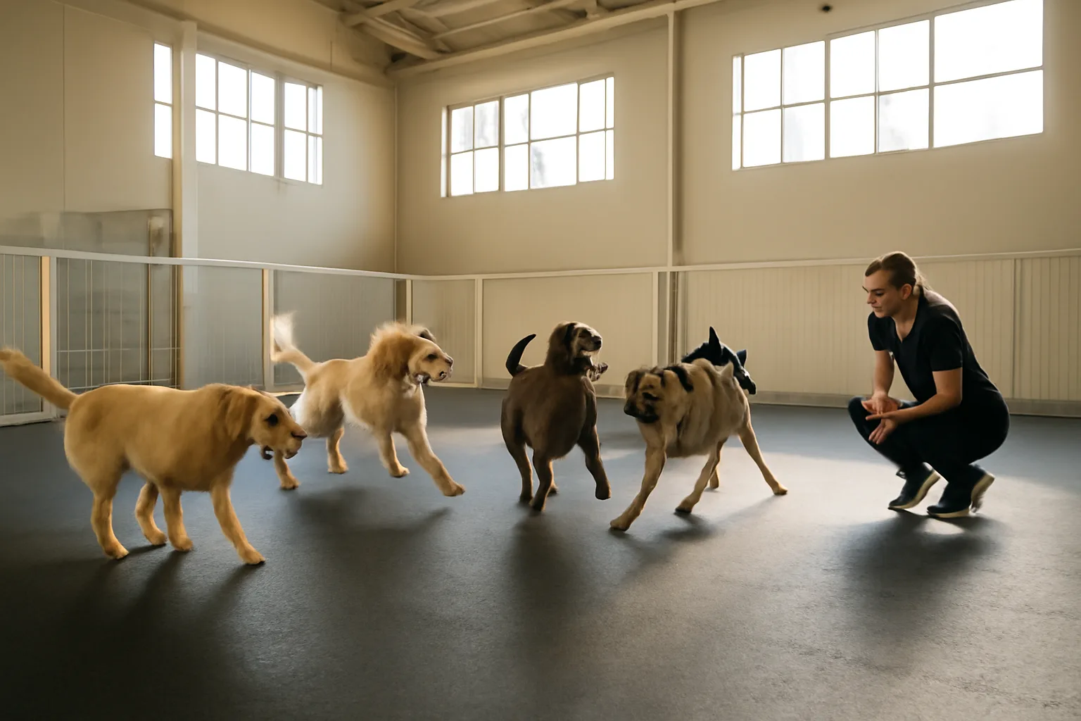 Staff member supervising several dogs playing on rubber flooring inside a daycare facility