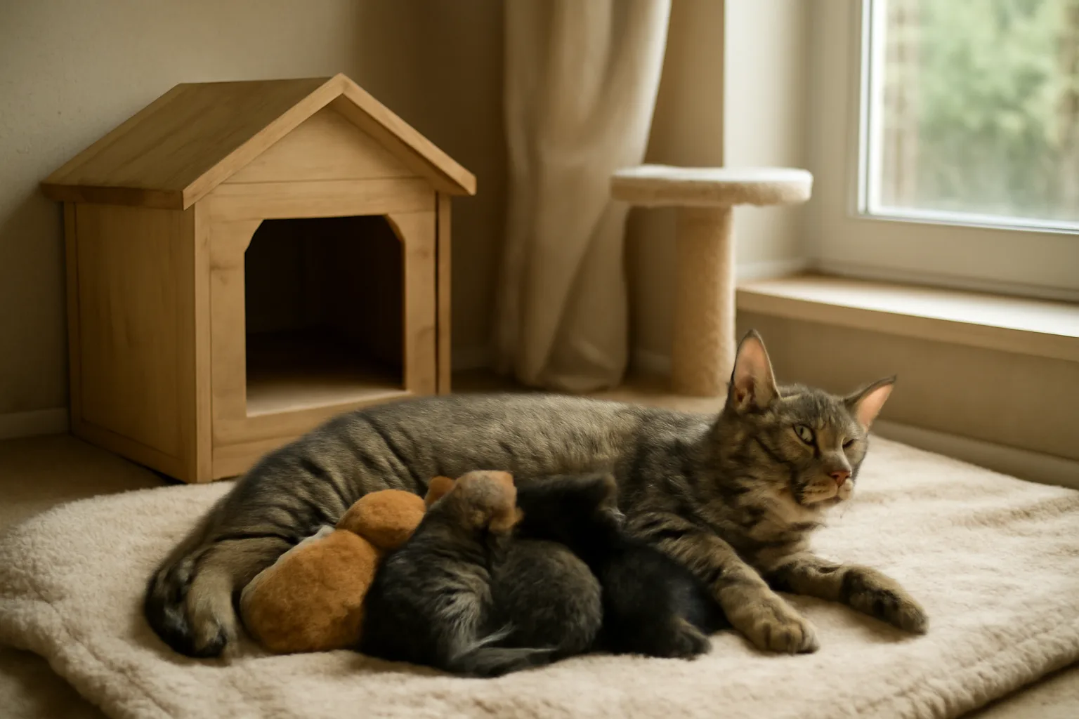 Mother cat and kittens in a home cattery nesting box with morning light