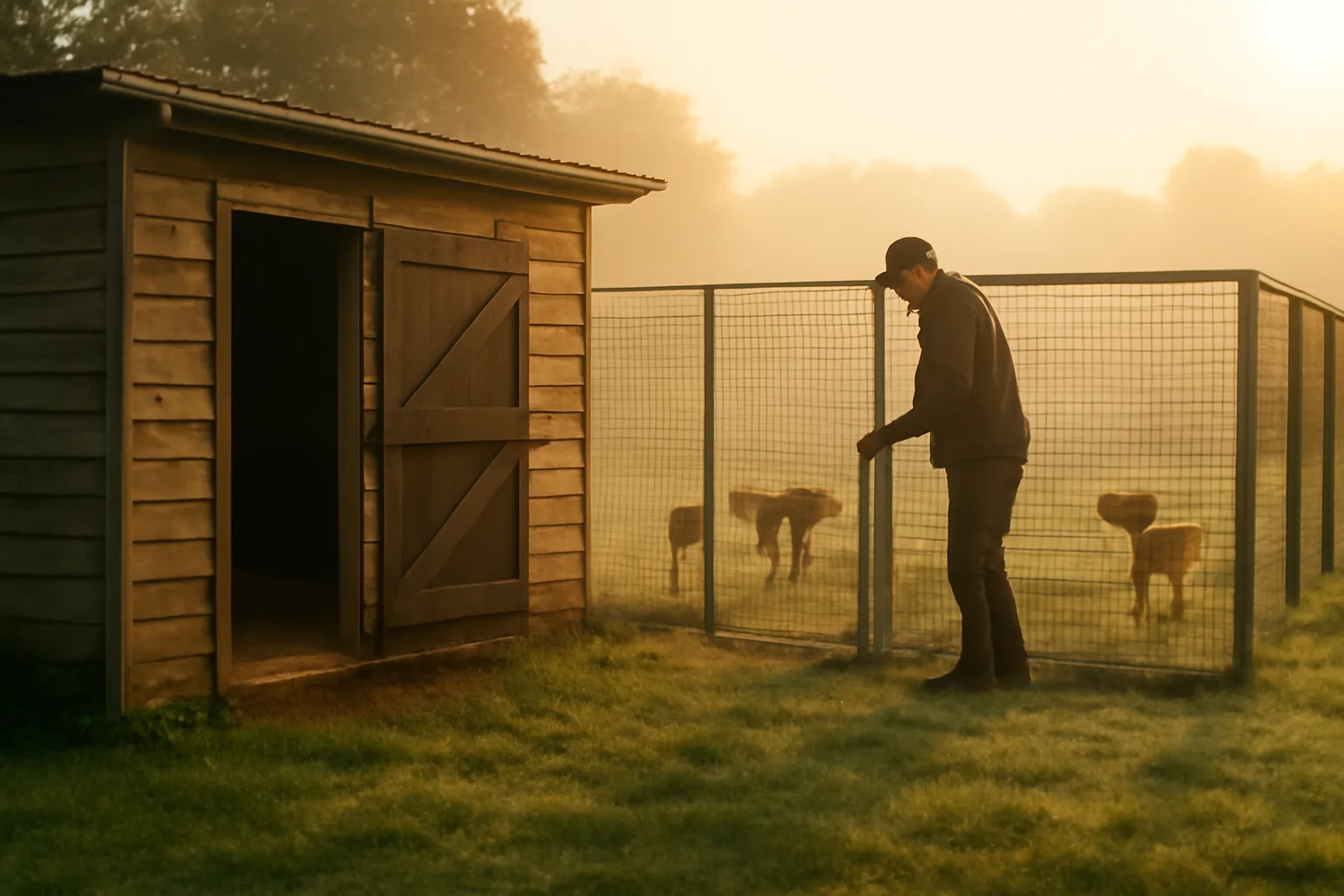 Breeder checking outdoor kennel runs at a rural facility in morning light