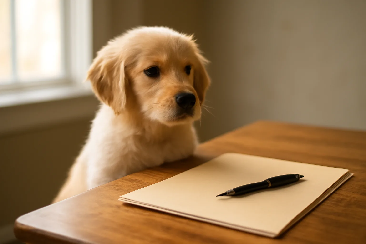 Puppy sitting beside paperwork on a table, representing getting a dog AKC registered