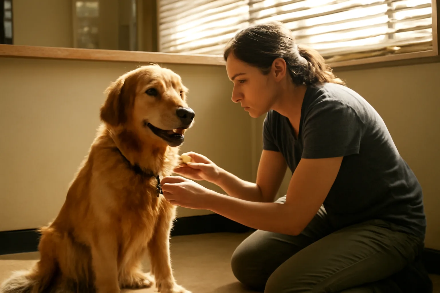 Owner attaching a license tag to a dog's collar at an animal control office