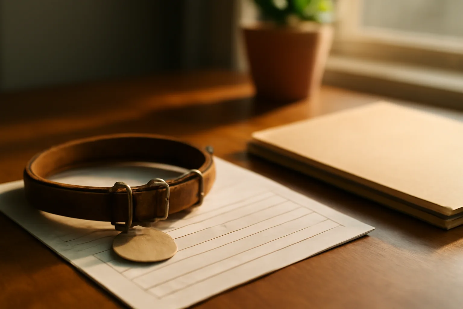 Desk scene with dog collar, tag, and vaccination certificate representing dog licensing paperwork