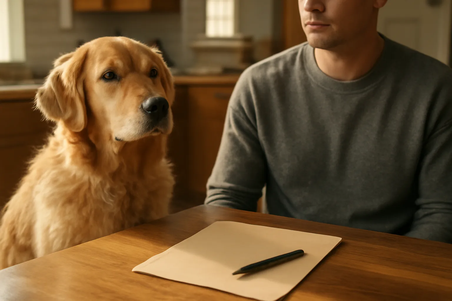 Dog owner sitting at a table with a folder while a golden retriever waits beside them