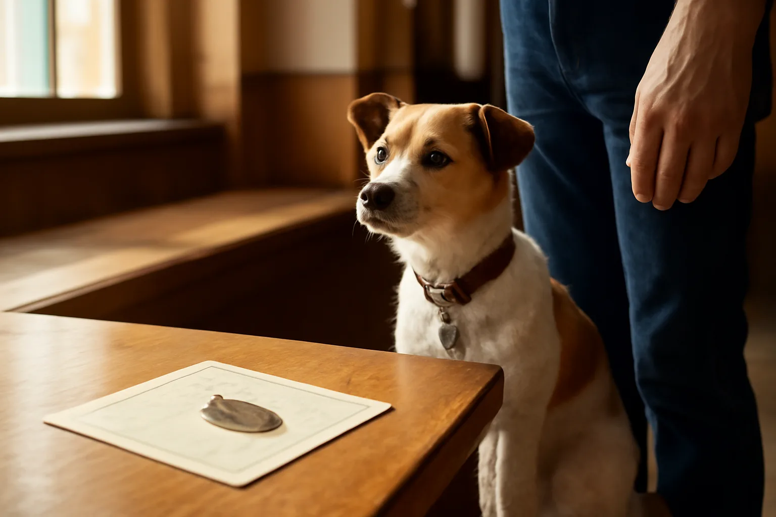 Dog owner at a county office counter getting a dog licensed with tag and certificate
