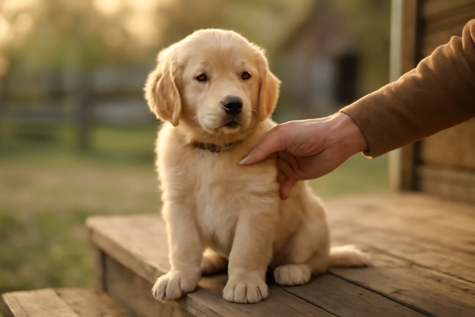 Puppy on a porch step with an owner's hand near its collar outdoors