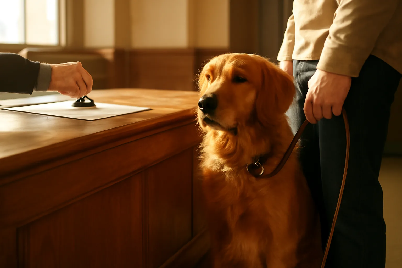 Dog owner registering a dog at a county clerk counter with clerk stamping a form