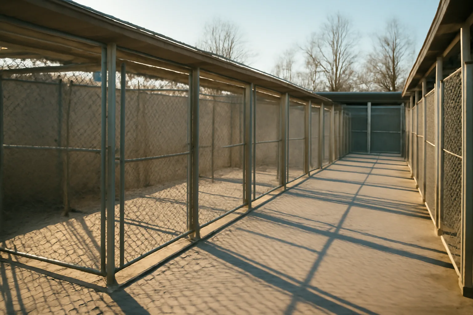 Rows of outdoor dog kennel runs showing space allotted per dog under a kennel license
