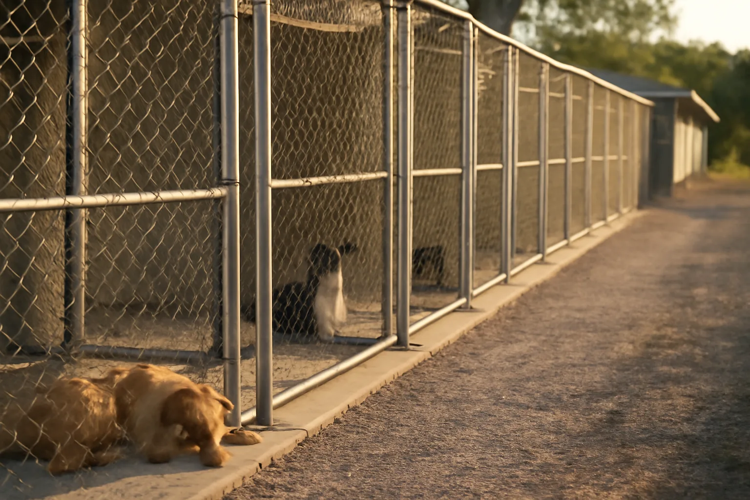 Outdoor kennel runs at a rural dog boarding facility in late afternoon light