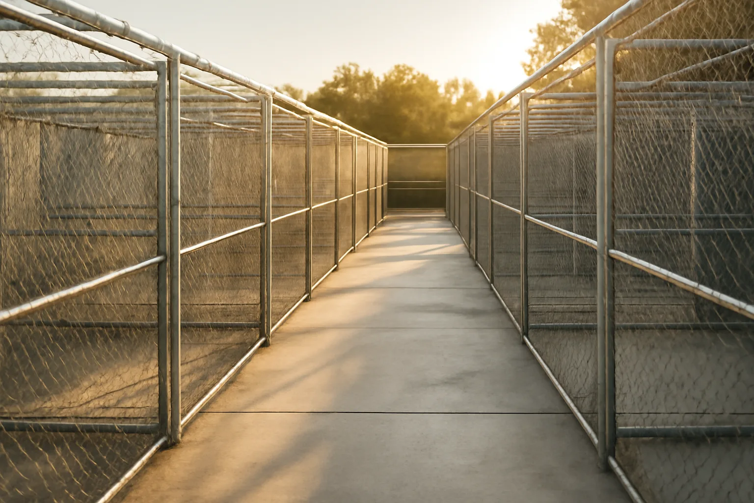Empty outdoor kennel runs in morning light, illustrating kennel license cost planning
