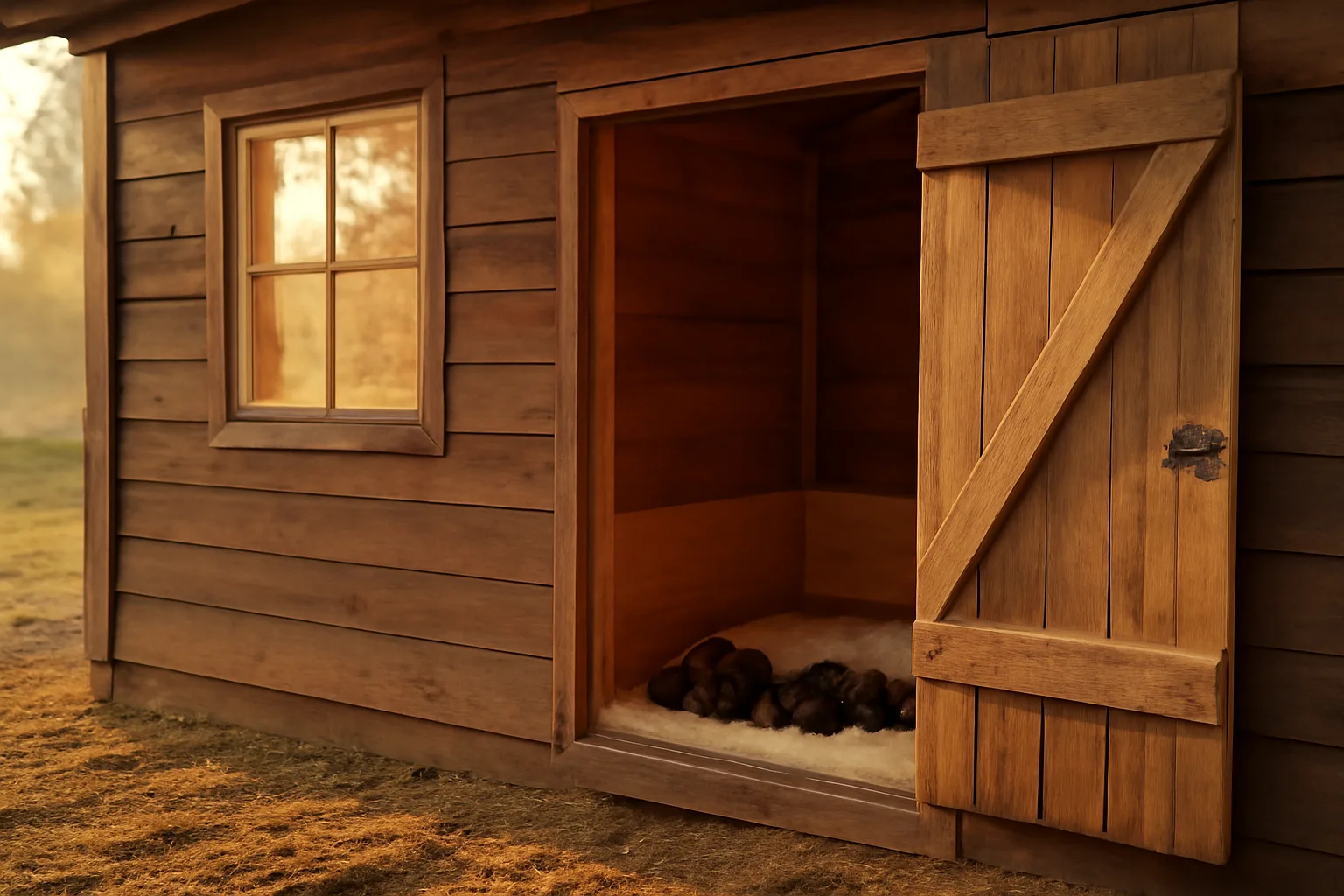 Whelping box with nursing puppies inside a small home dog breeding kennel