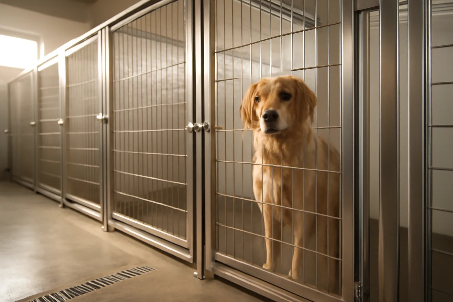 Indoor kennel runs at a dog boarding facility with morning light