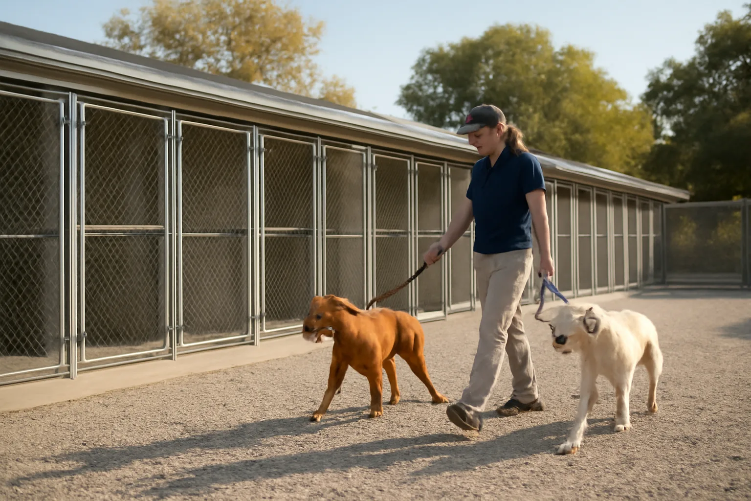 Dog boarding kennel exterior with runs and a staff member walking two dogs