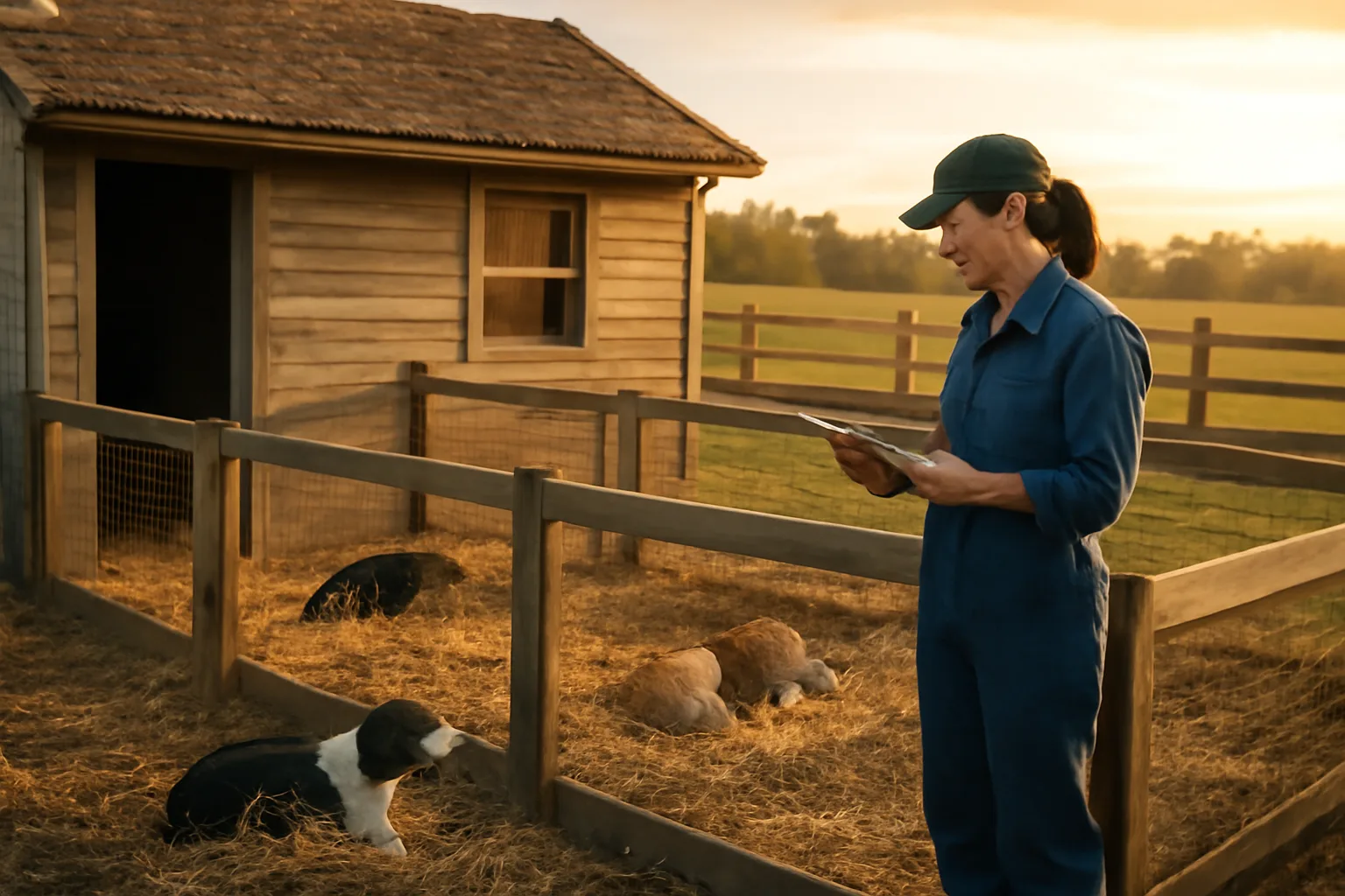 Kennel operator checking outdoor dog runs at a small rural breeding facility