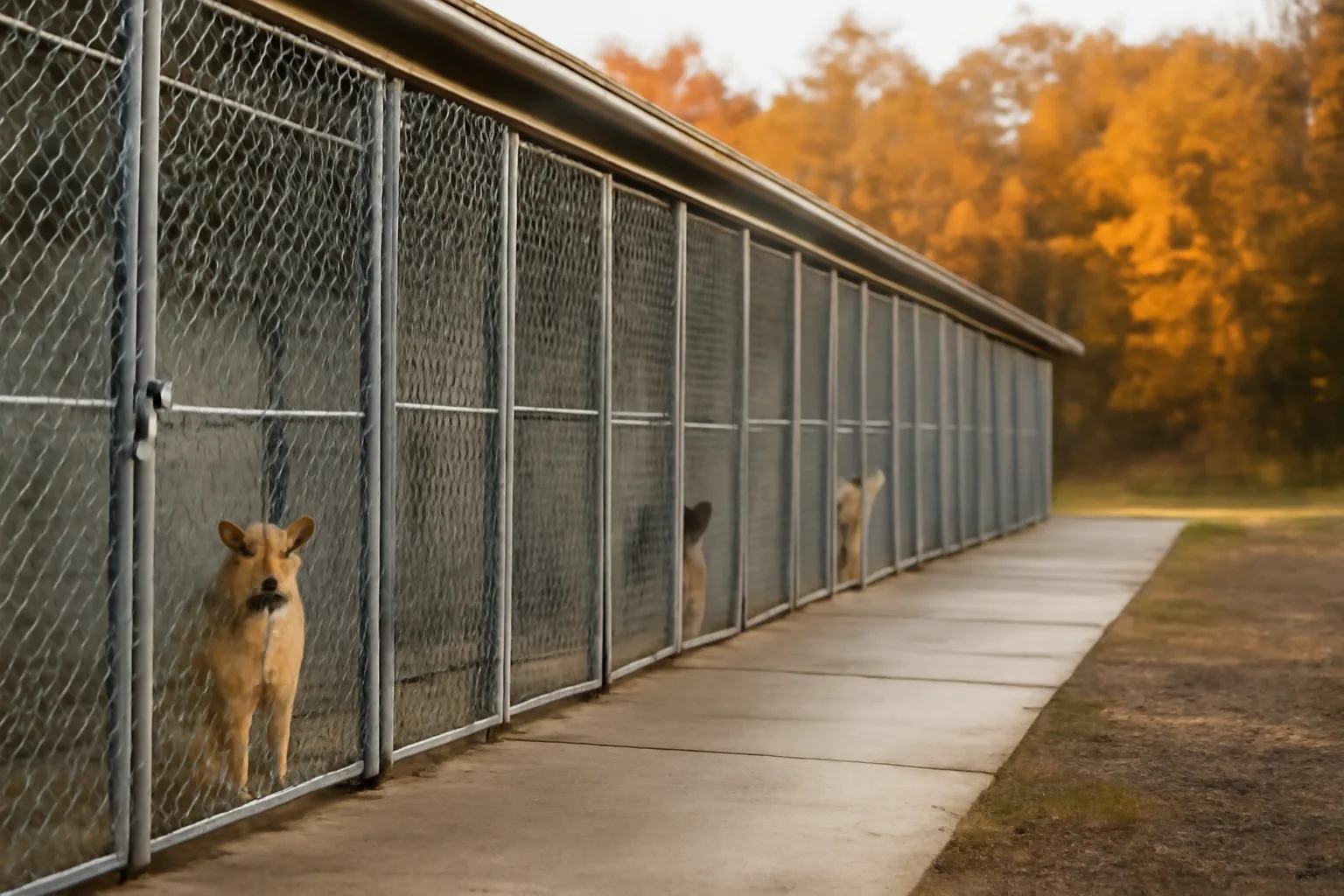 Outdoor kennel runs at a Michigan dog boarding facility in morning light