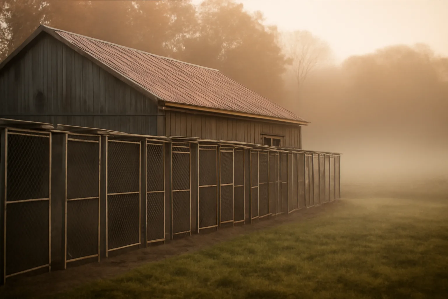 Rows of outdoor dog kennel runs beside a converted barn in rural Pennsylvania at dawn
