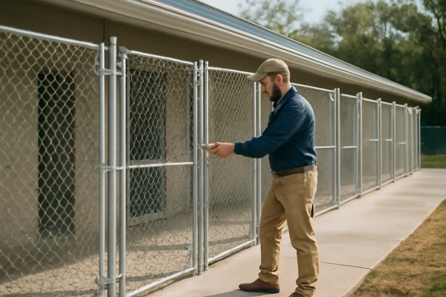Kennel operator checking a gate latch at a licensed outdoor dog boarding facility