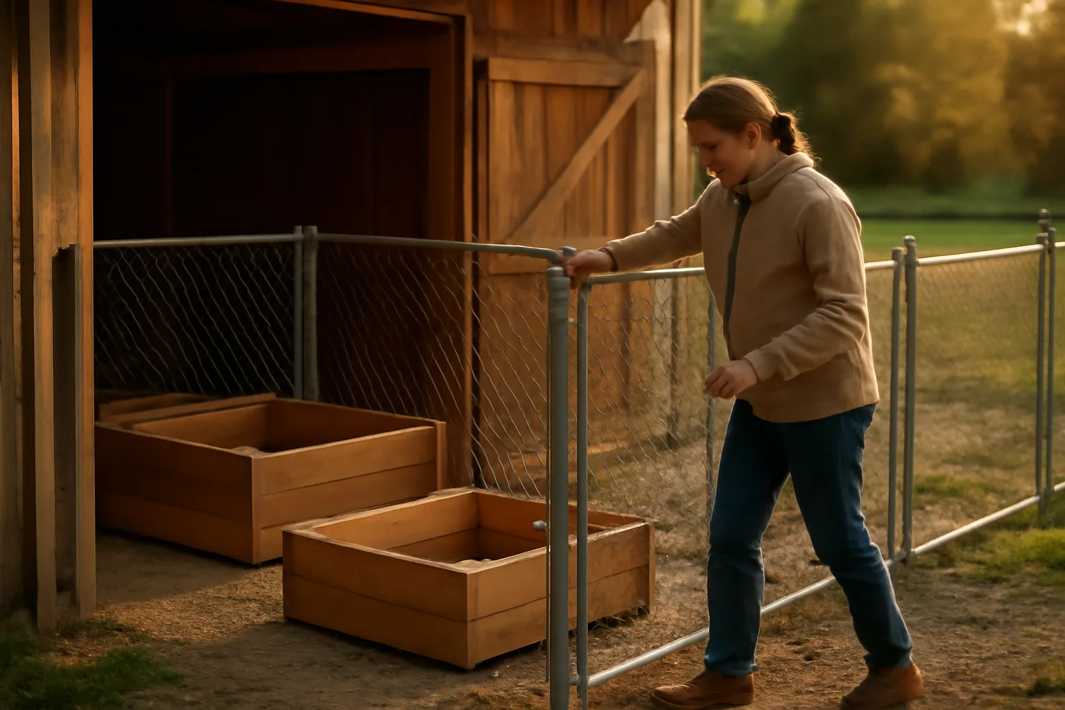 Breeder checking a dog run in a home kennel yard at sunset