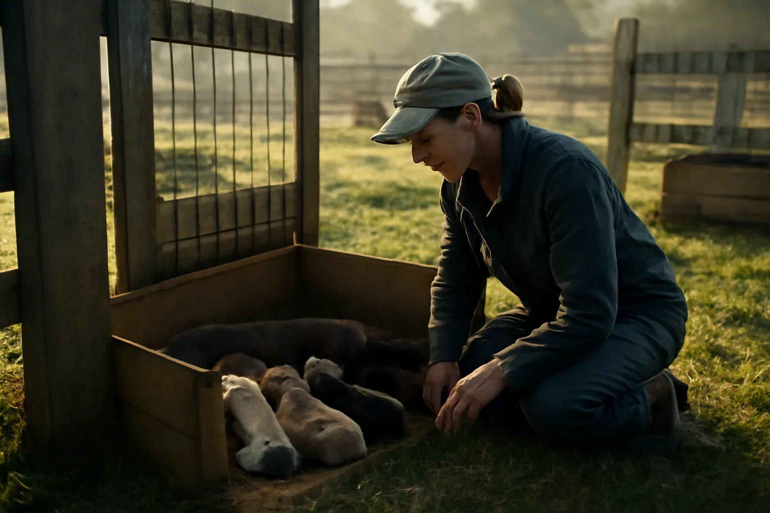 Breeder checking on newborn puppies in an outdoor whelping area at sunrise