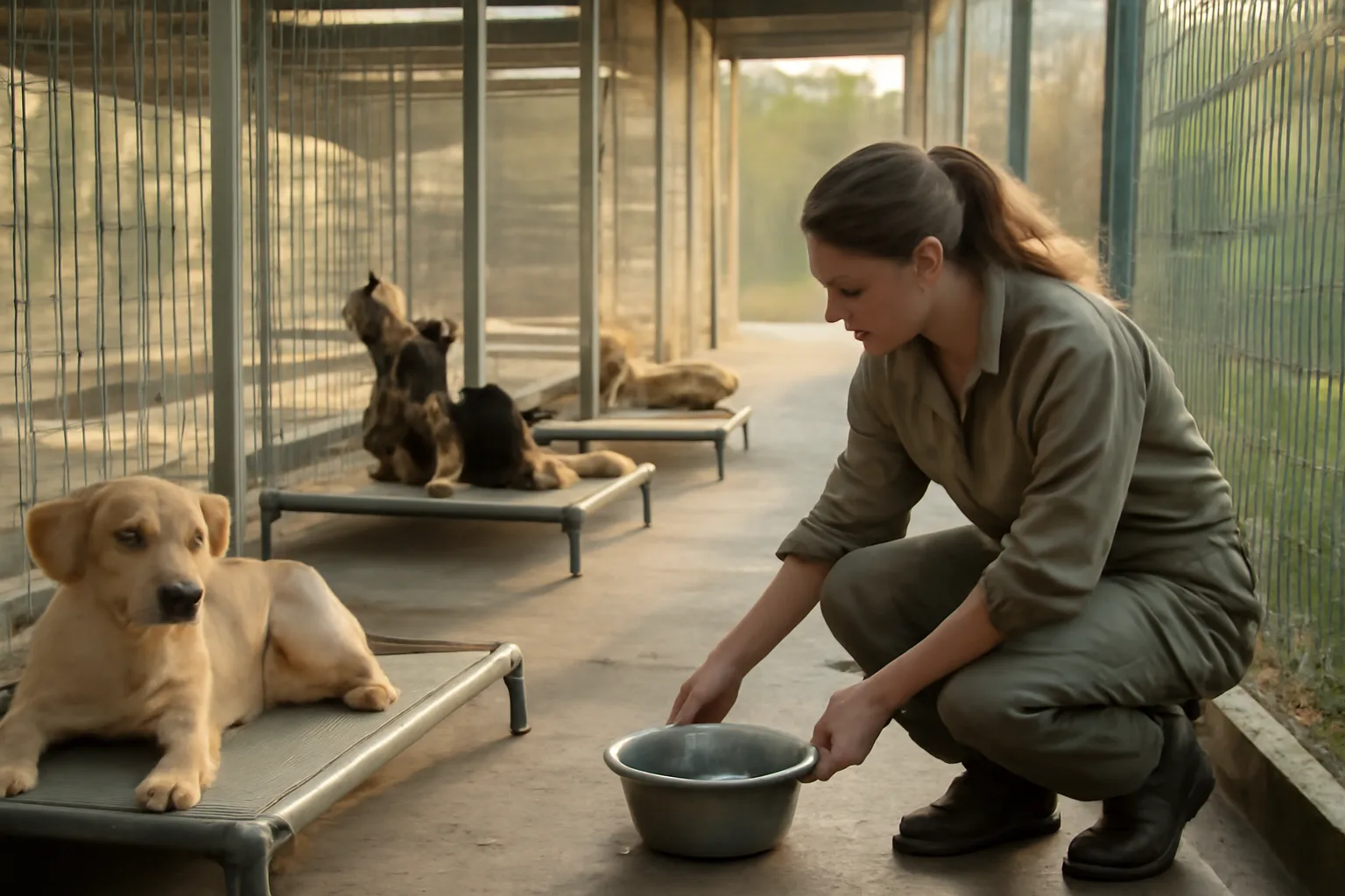 Breeder checking dogs in an outdoor kennel run at sunrise