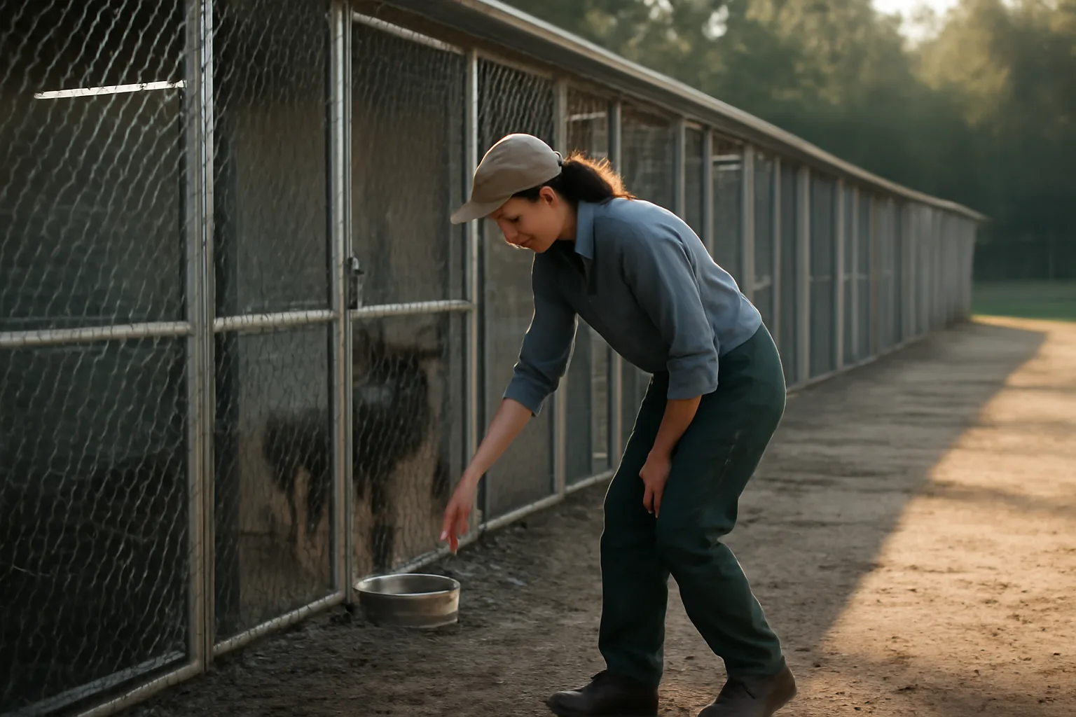 Breeder checking outdoor kennel runs at a licensed dog breeding facility