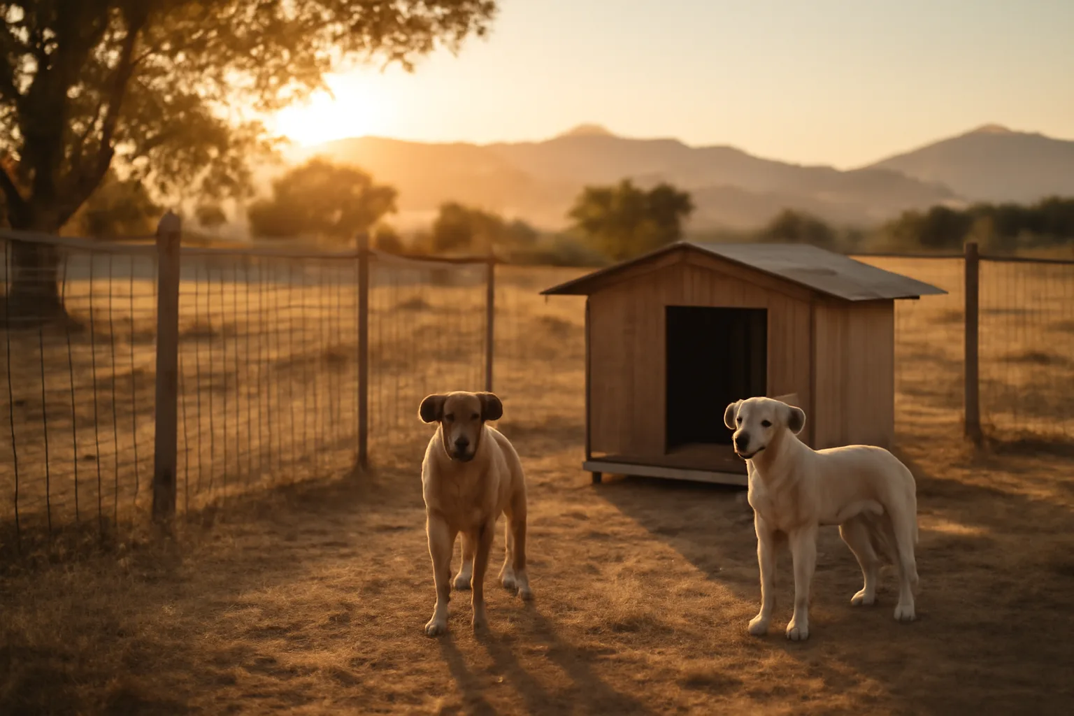 Outdoor dog kennel runs on a rural California property at sunset