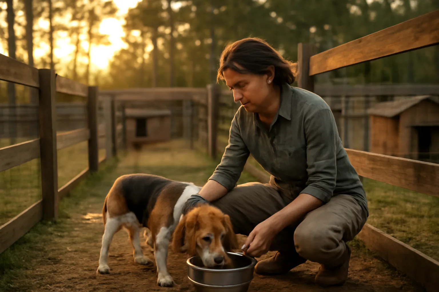 Breeder checking water bowl in a fenced backyard dog kennel in Georgia